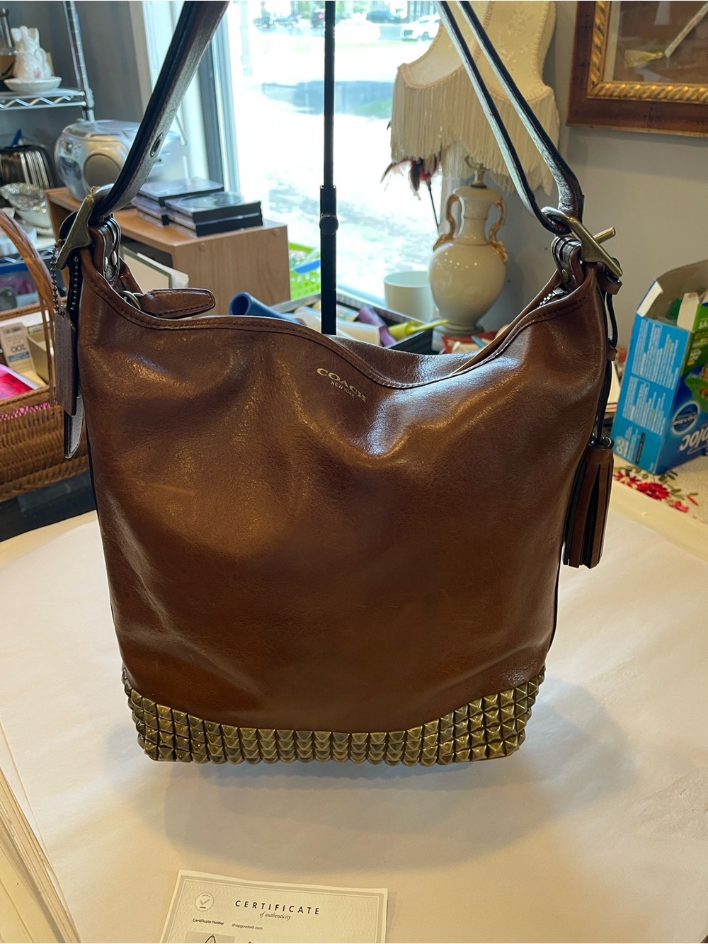 Coach Legacy Saddle Brown Leather Studded Duffle Crossbody Shoulder Bag -Vintage